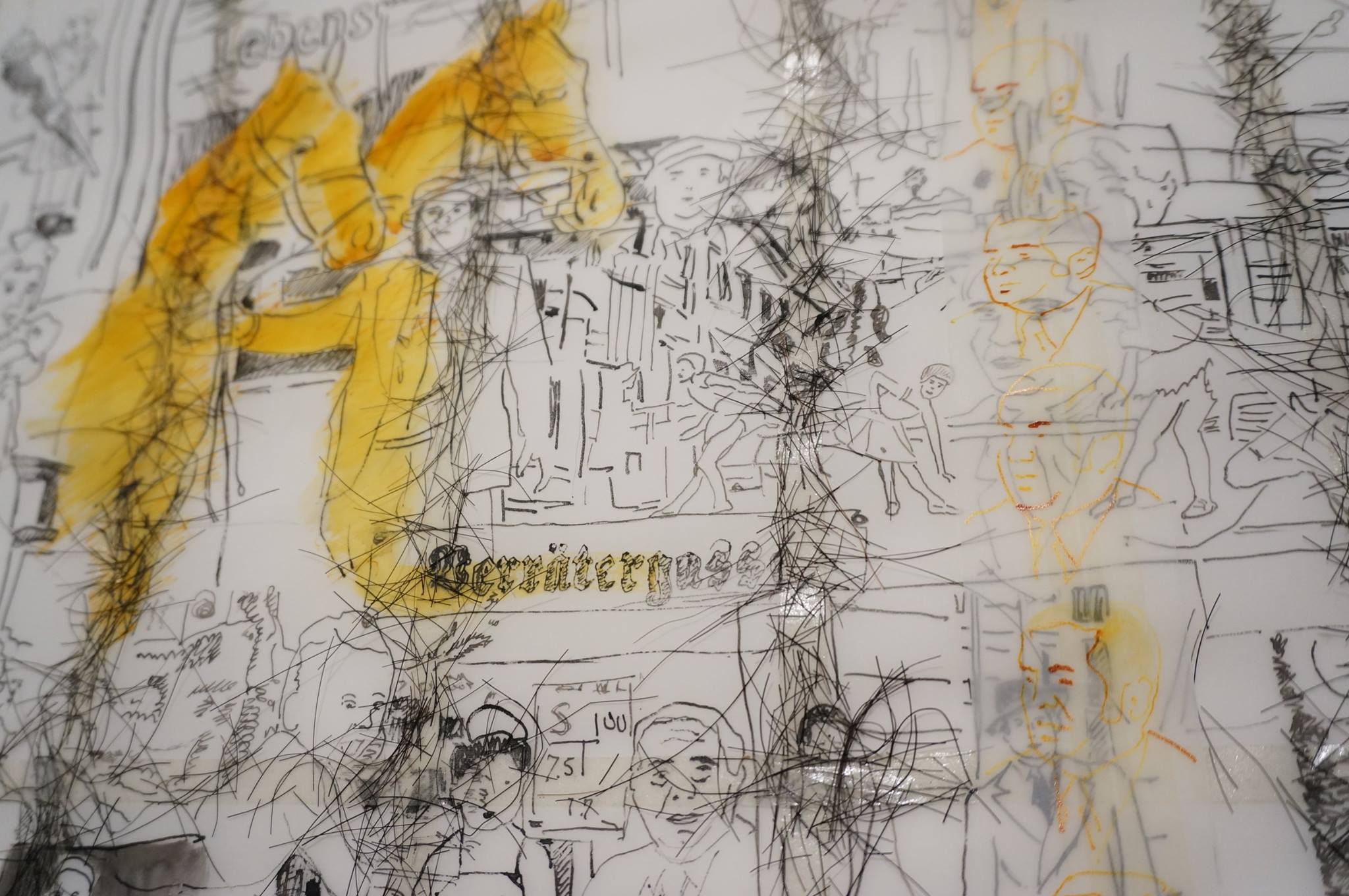 Retrospectacle, 2014-2015, serie of 5 drawings, marker on parchment paper (oil, horsehair), variable dimensions